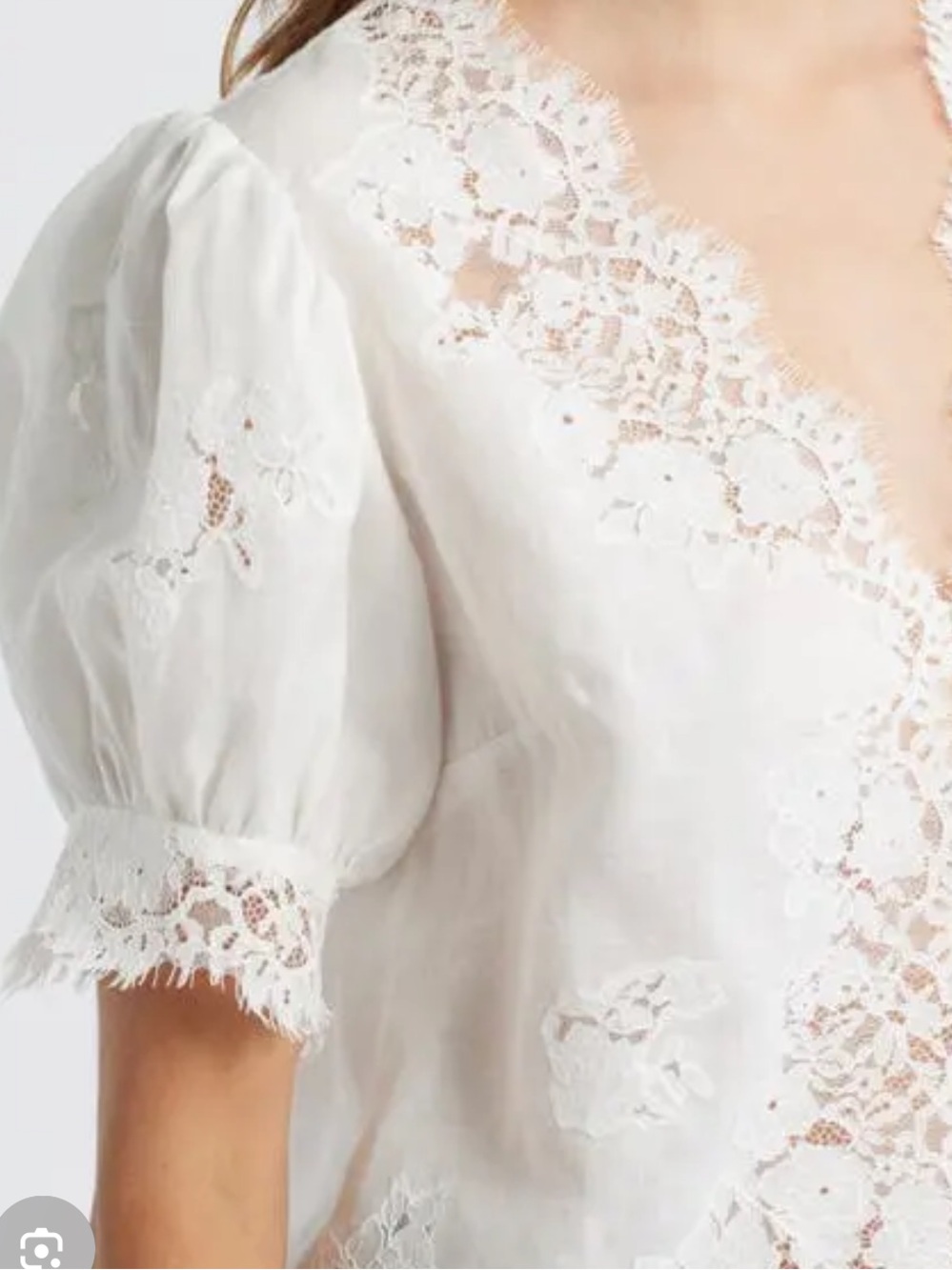 Doen White Lace-Inset Puff Sleeve Blouse - Picture 2 of 5